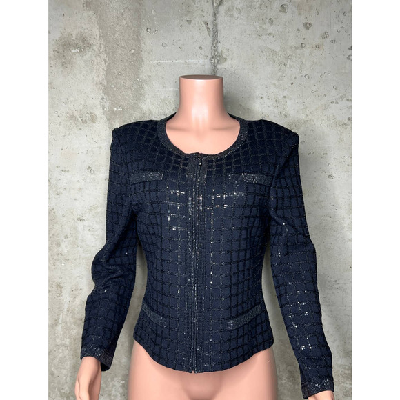 St. John Black Plaid Embellished Full Zip Jacket Sz.8 - Picture 1 of 4
